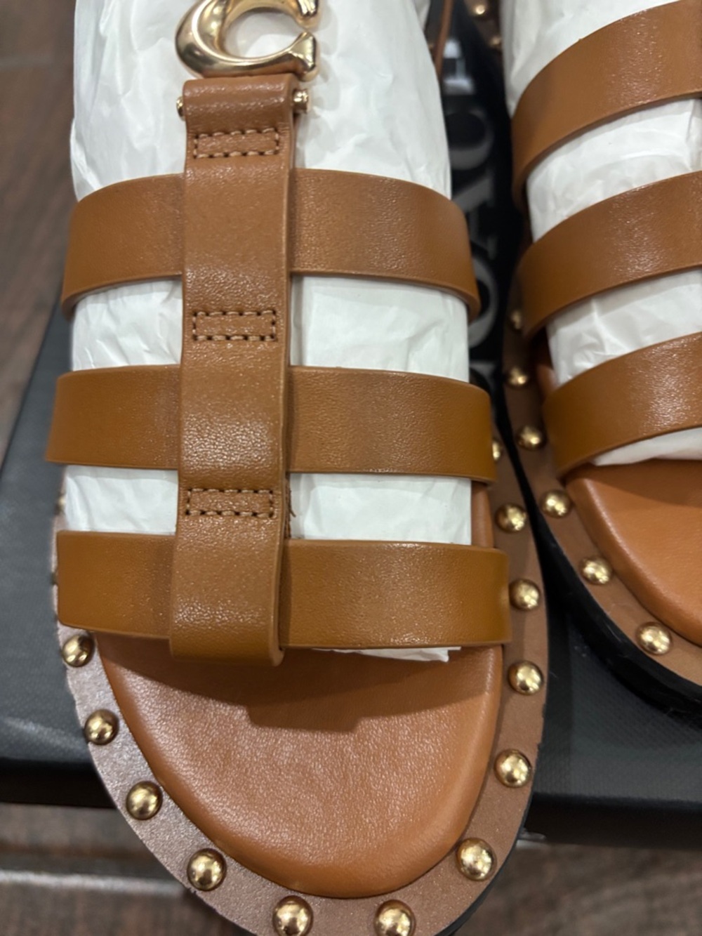 Coach Tan Leather Gladiator Sandals with Gold Studs size 5.5 - Picture 3 of 10